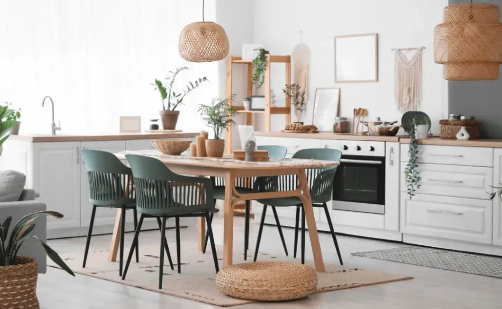 Table, chairs and wicker pouf near counter in interior of dining room